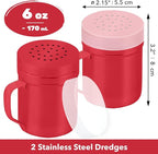 CUSINIUM 6oz Red Stainless Steel Salt Pepper Dredge Shakers - With Plastic Cap - With Handle - Pack of 2