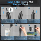 Rechargeable Milk Frother with Stand, Electric Frother Wand Handheld Coffee Foam Maker Detachable Stainless Steel Whisk Drink Mixer Foamer for Latte, Cappuccino, Hot Chocolate, Egg (Black)