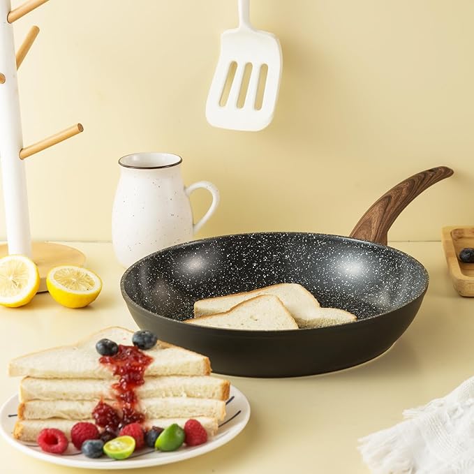 Vkoocy Pots and Pans Set Non Stick, Ceramic Cookware Set with Granite Pattern Kitchen Cooking Sets Induction Pot and Pan w/Frying Pans, Saucepans, Casserole, Non-Toxic, PTFE/PFOA/PFOS-Free, Black