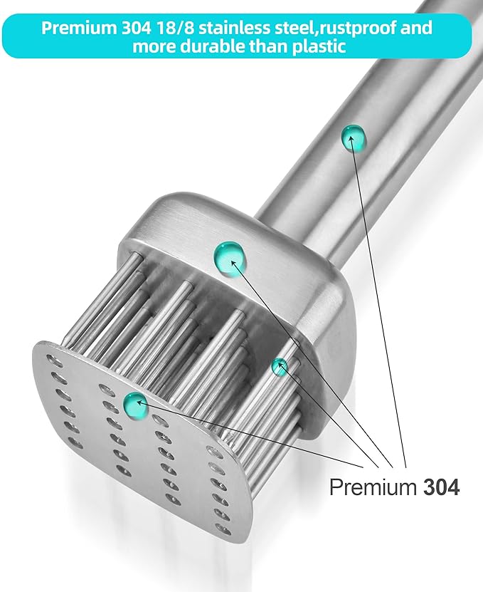 Aliglow 304 Stainless Steel Meat Tenderizer Needle Meat Hammer Mallet Tool Pounder For Tenderizing and Pounding Steak, Beef Pork Chicken BBQ And Poultry