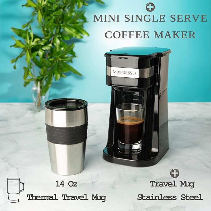 Mixpresso Personal Single-Serve Coffee Maker & 14oz Travel Mug, Drip Small Coffee Maker & Tumbler, Auto Shut Off & Reusable Filter, Compatible with Coffee Grounds Bundle With Electric Milk Frother - L