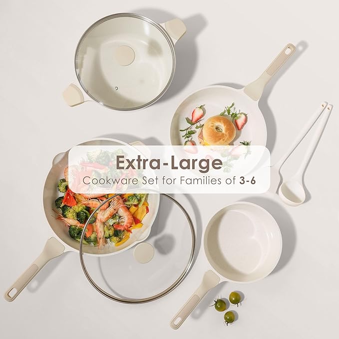 SENSARTE Nonstick Ceramic Cookware Set Large-Size 13-Piece, Healthy Pots and Pans Set, Non-toxic Kitchen Cooking Set with Stay-Cool Handles, PFAS and PFOA Free, Cream White