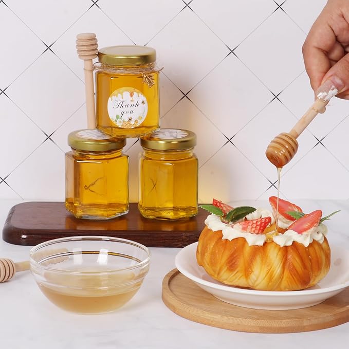 BIGIVACA 3 oz Hexagon Mini Glass Honey Jars with Wood Dippers,48 Pack Small Honey Jars with Gold Lids,Bee Pendants,Jutes,Bee Stickers,Perfect for Baby Shower,Wedding Favors,Party Favors