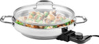 Electric Skillet By Cucina Pro - 18/10 Stainless Steel Frying Pan with Tempered Glass Lid and Handles, 12" Round, Adjustable Temperature Control Knob, Portable and Includes Recipe Guide, Great Gift