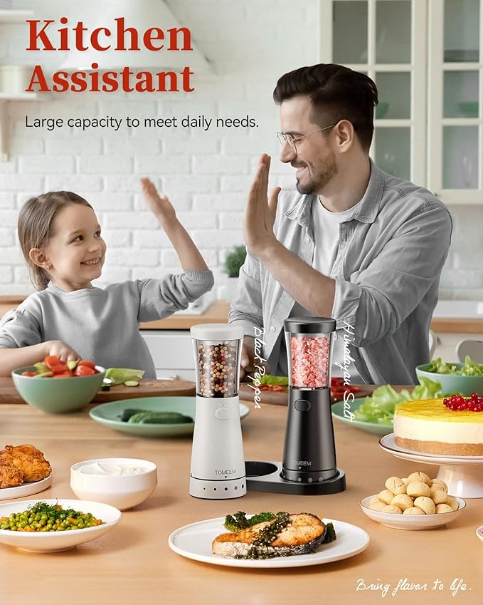 Electric Salt and Pepper Grinder Set with Storage Base, Stainless Steel Rechargeable Salt and Pepper Grinder Set with 4.5 oz Large Capacity, 1.8" Wide Mouth, Adjustable Coarseness, Ideal for Kitchen