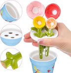 Flower Measuring Spoons Set in Pot - Ceramic Baking Measuring Spoons with Holder for Dry & Wet Ingredients - Cute Flower Figurine - 1 Tbsp, 1 Tsp, 1/2 Tsp, 1/4 Tsp - Unique Gift, Dishwasher Safe(Blue）