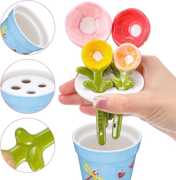 Flower Measuring Spoons Set in Pot - Ceramic Baking Measuring Spoons with Holder for Dry & Wet Ingredients - Cute Flower Figurine - 1 Tbsp, 1 Tsp, 1/2 Tsp, 1/4 Tsp - Unique Gift, Dishwasher Safe(Blue）