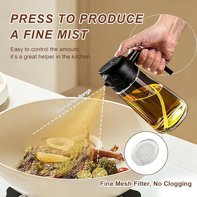 X&E 16oz/470ml Glass Olive Oil Sprayer for Cooking, 2 in 1 Olive Oil Dispenser Bottle, Food Grade Oil Mister for Kitchen Gadgets, Air Fryer Accessories, Salad & BBQ – Black