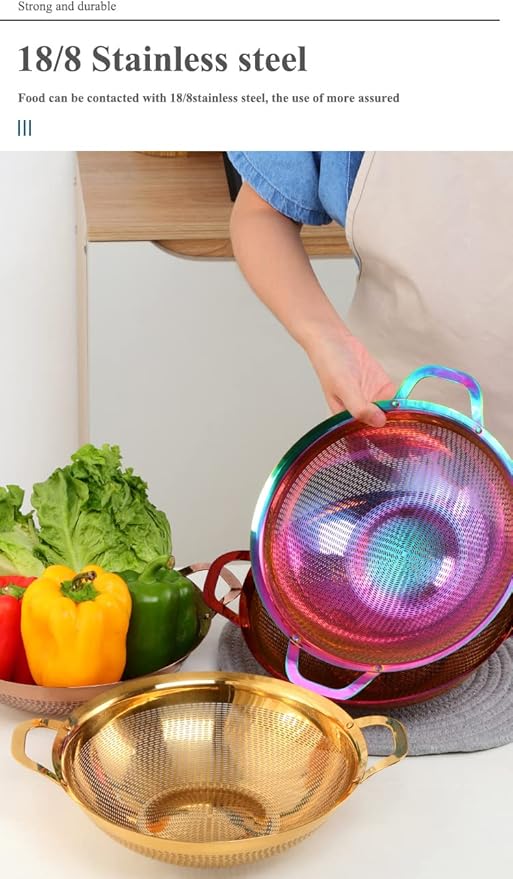 Stainless Steel Colander With Handle and Legs Drain Basket for Pasta, Spaghetti, Berry, Veggies, Fruits, Noodles, Salads, Fruit Colander Strainer Metal Rice Sieve Kitchen Utensils-Rose Gold