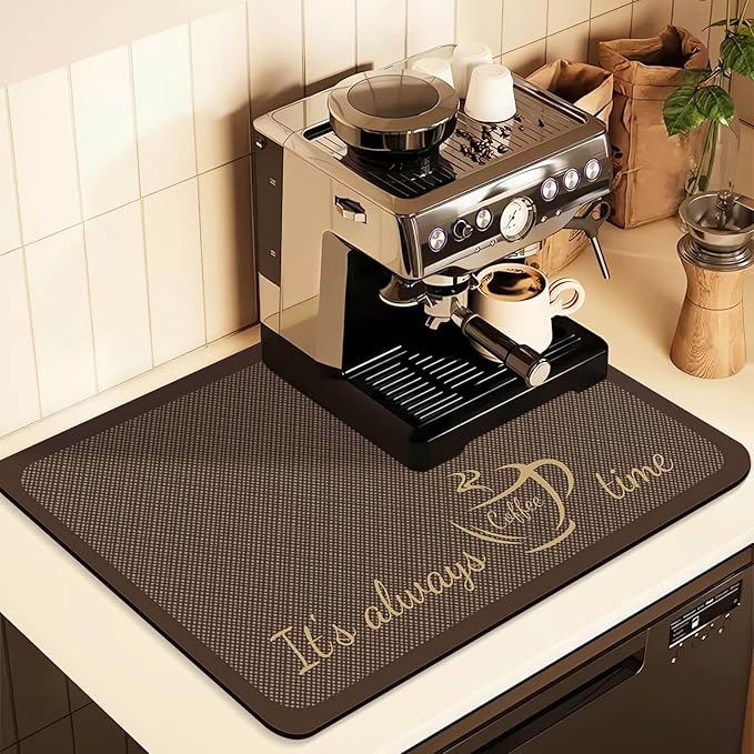 Coffee Mat for Countertops ,Coffee Bar Accessories Fit Under Coffee Maker Espresso Machine, Absorbent Hide Stain Rubber Mat for Countertop ,Dish Drying Mat for Kitchen Counter (D-Brown, 16"x24")