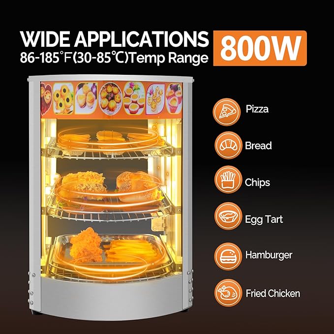 ROVSUN 3-Tier Food Warmer Pizza Warmer Countertop, Commerical Food Warmer Display with LED Lighting Removable Shelves Glass Door, Pretzel Warmer for Buffet Restaurant Cafe, 110V 800W
