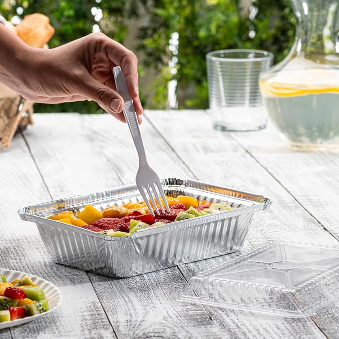 GUSTO [2 lb - 50 Count Disposable Aluminum Foil Pans with Clear Dome Lids, 8x5 Takeout Pans – Great for Baking, Cooking, Storage, and Freezing (Formerly Comfy Package)