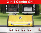 Griddle Grill Combo, Propane Gas and Charcoal Grill Combo, Outdoor BBQ Grills, 4 Burner Propane Stove with Griddle, Cast Iron Grates, Side Burner & Prep Space