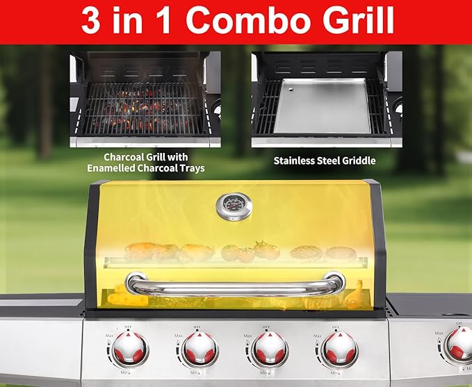 Griddle Grill Combo, Propane Gas and Charcoal Grill Combo, Outdoor BBQ Grills, 4 Burner Propane Stove with Griddle, Cast Iron Grates, Side Burner & Prep Space