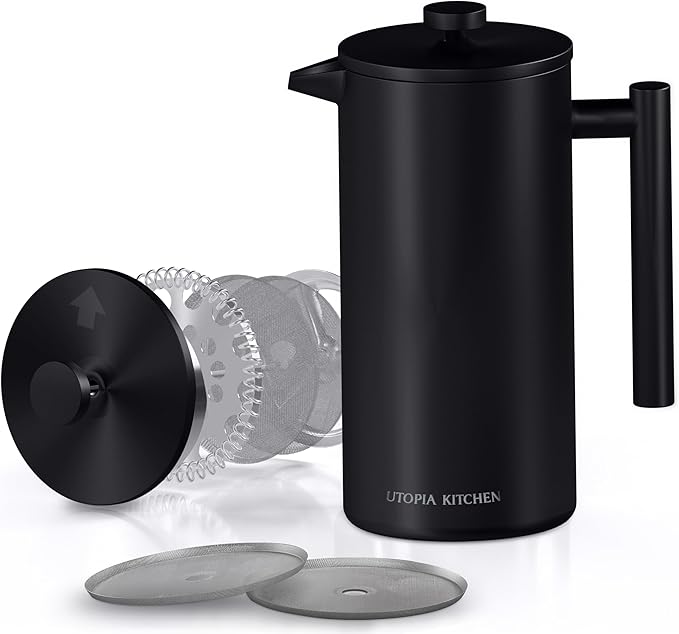 Utopia Kitchen 304 Grade Stainless Steel French Press Coffee Maker 17 Oz, Double Wall Insulated Coffee Press with 4-Level Filtration system, Include 2 Extra Filters, Rust-Free, Black