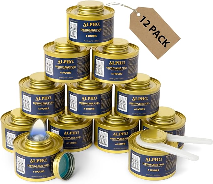 Alpha Living - Luxe Gold Edition - 6 Hour Chafing Fuel - Food Warmer for Chafing Dish Buffet Set - Liquid Safe Fuel with Wick & Lid Opener for Chafing Dish Gold Canister for Luxry Events (12 Pack)