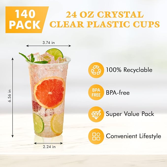 Vplus 140 Pack 24 OZ PET Clear Plastic Cups with Lids, 24 OZ Crystal Cold Disposable Drinking Plastic Cups with Flat Lids, Perfect for Ice Coffee, Smoothie, Juice