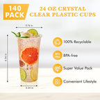 Vplus 140 Pack 24 OZ PET Clear Plastic Cups with Lids, 24 OZ Crystal Cold Disposable Drinking Plastic Cups with Flat Lids, Perfect for Ice Coffee, Smoothie, Juice