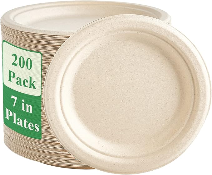 Vplus 200 Pack Paper Plates 7 inch 100% Compostable, Heavy-Duty Disposable Paper Plates Bagasse Natural Biodegradable Eco-Friendly Sugarcane