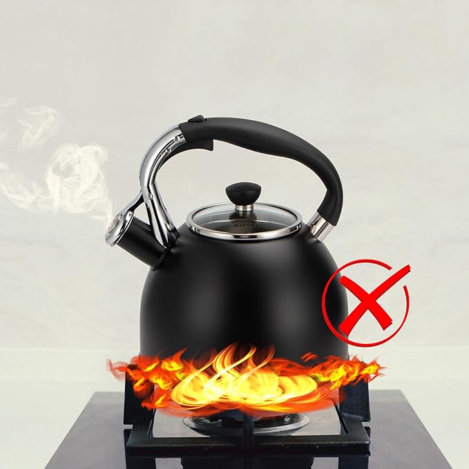 Rorence Stainless Steel Tea Kettle: 2.6 Quart Whistling Kettle for Stove Top with Capsule Bottom & Heat-resistant Glass Lid – Matte Black