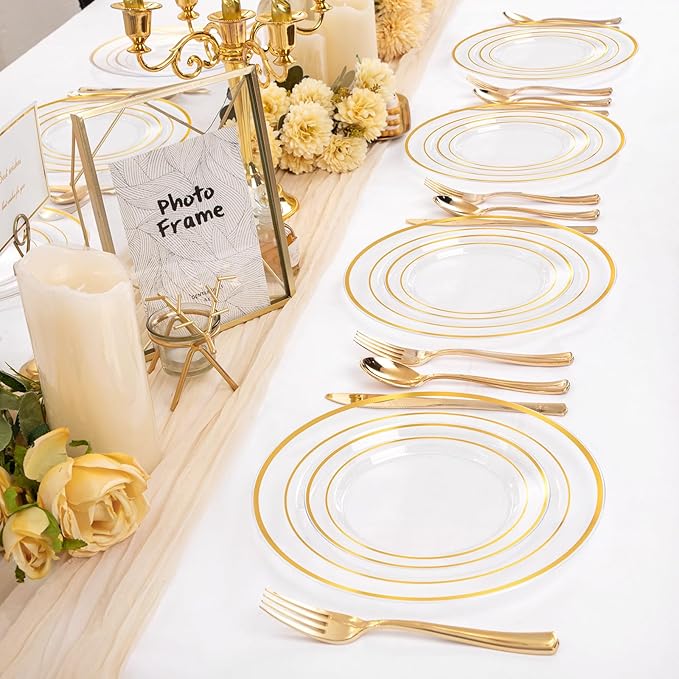 I00000 200 Pcs Clear Gold Plastic Plates - Disposable Party Plates, Gold Plate Disposable Include 100 Dinner Plate and 100 Dessert Plate, Plastic Plate for Party, Holiday, Wedding & Birthday