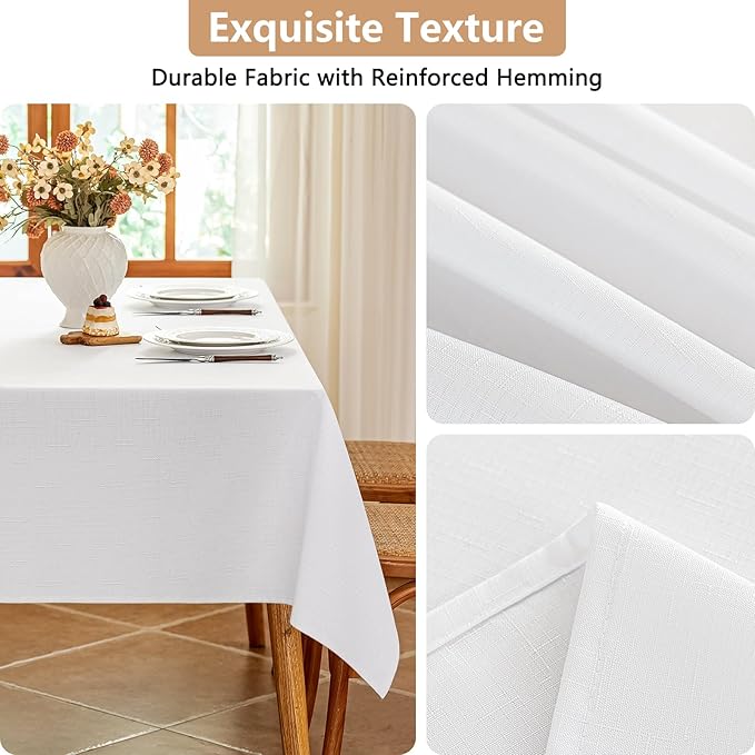 Textured White Fabric Table Cloth Rectangle, Spill Proof & Reusable Faux Linen Tablecloth for 8 Foot Rectangular Table, Easy Clean for Dining Banquet Wedding, 54 x 108 Inch