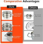 3-Tier Stainless Steel Steamer Pot, Large Capacity Food Steamer for Stove, Multi-Layer Stackable Cooking Steam Pot Kitchen Cookware with Glass Lid for Induction/Gas/Electric Stoves (12.8 Inch)