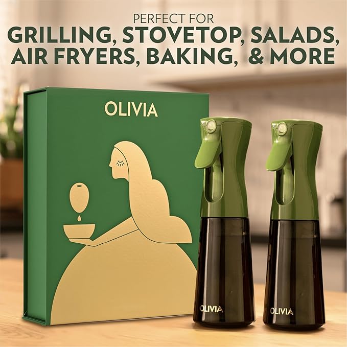 FLAIROSOL OLIVIA SIGNATURE Advanced Kitchen Oil Sprayer Technology, Fine Mist & Portion Control, Refillable Glass Olive Oil Cooking Spray Bottle for Air Fryer, Salad, BBQ, 2 Pack 200ml (Green)