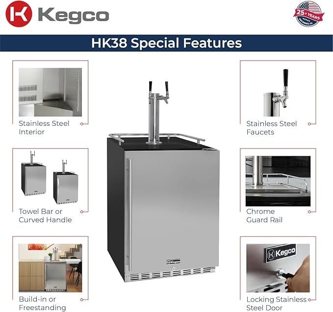 Kegco Kegerator 24" Wide Dual Tap Black/Stainless Steel Undercounter Beer Dispenser HK38BSU-2