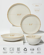 Pokini 32 Piece Double Bowl Dinnerware Sets with Pasta Bowls, Highly Chip and Crack Resistant Plates and Bowls Sets, Natural Earthyware Ceramic Dishware Sets, Service for 8 Yellow White