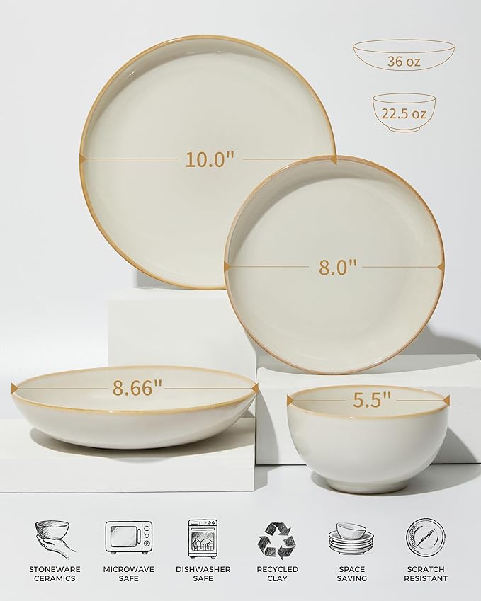 Pokini 24 Piece Double Bowl Dinnerware Sets with Pasta Bowls, Highly Chip and Crack Resistant Plates and Bowls Sets, Natural Earthyware Ceramic Dishware Sets, Service for 6 Yellow White
