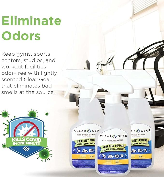 Clear Gear Disinfectant Cleaner, and Deodorizer For Sports Equipment, Gyms, and Fitness Centers - EPA-Registered, Hospital Grade, Made in USA - 1-Pack of 32 Oz Bottle Disinfecting Spray