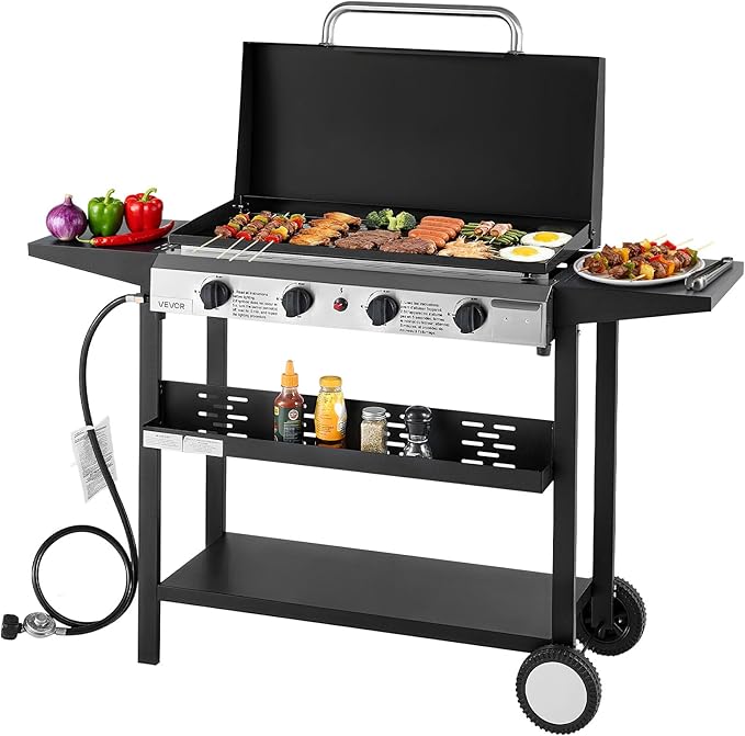VEVOR Gas Griddle, 4-Burner Flat Top Grill, 29 inch Grill Plate Propane Griddle with Wheels, Lid, 28000 BTU Outdoor Flat Top Grills for Pan-Frying, Grilling, Stir-Frying, & BBQ, Pulse Ignition