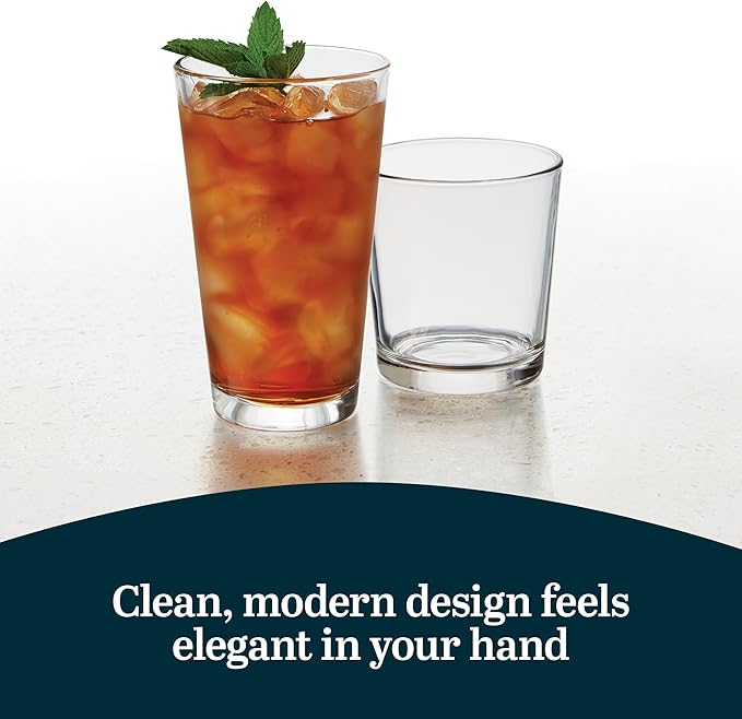Libbey Flare Rocks, Glass Tumbler Set, Stylish Lead-Free Drinking Glasses Set of 16, Dishwasher-Safe Glass Cups Set for Daily Use and Parties
