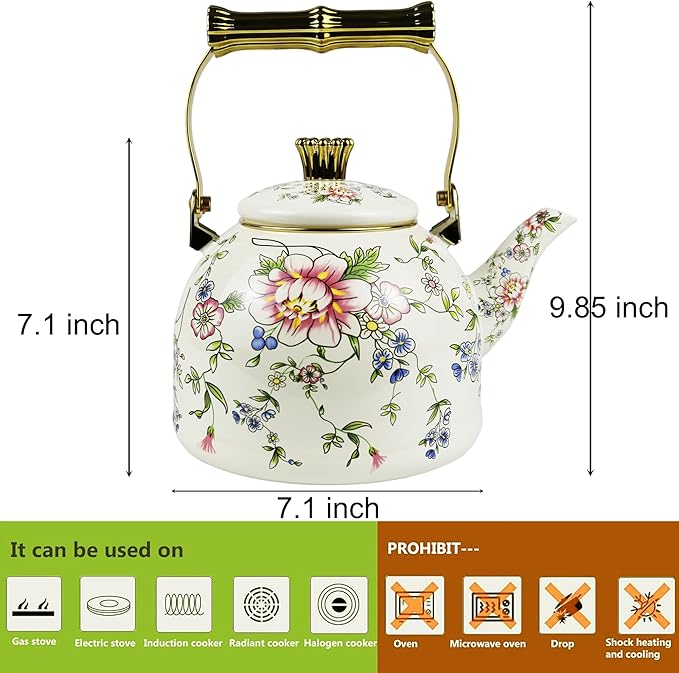 Vintage Enamel Tea Kettle, Rose Floral Pattern Stovetop Teapot with Gold Handle, 2.5L Enamel Kettle Kitchen Decor, Ideal Gift for Housewarming Camping Coffee Pot
