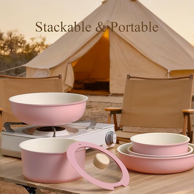 CAROTE Pots and Pans Set, Nonstick Cookware Set Detachable Handle, 19pcs Induction Kitchen Cookware Sets Non Stick with Removable Handle, RV Cookware Set, Oven Safe, Pink