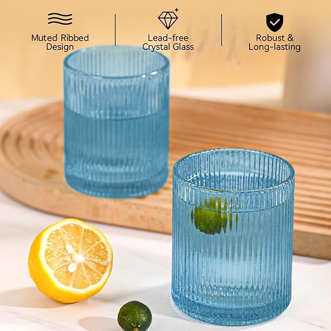 Physkoa Blue Ribbed Drinking Glasses Set of 6 – 9oz Vintage Blue Glassware, Embossed Ribbed Tumbler Cups for Iced Coffee, Water, Juice, Cocktail – Aesthetic Kitchen Glass Set