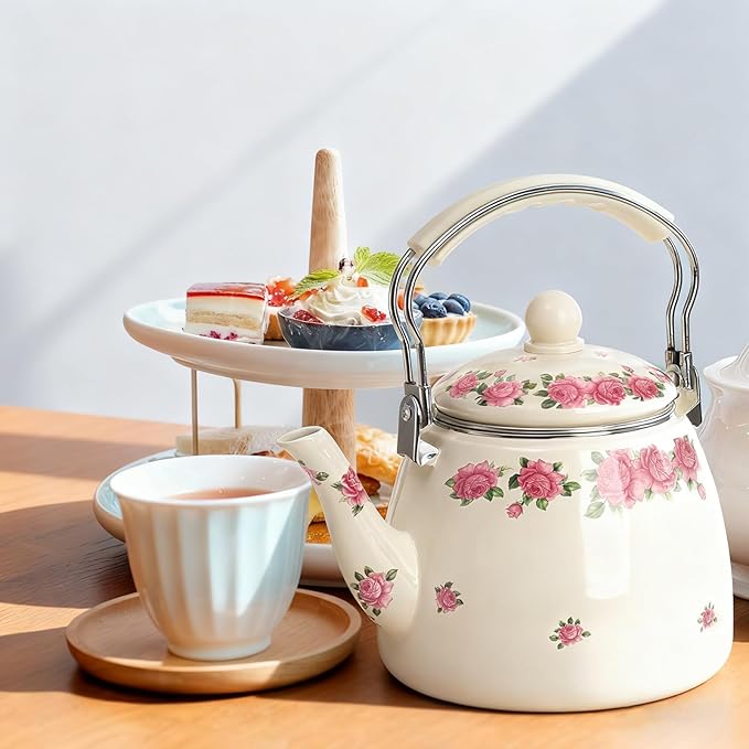 SOUJOY 3.5 Quart Enamel Tea Kettle for Stovetop, Vintage Floral Teapot with Stainlees Steel Infuser and Heat-Resistant Handle for Home Kitchen Camping, Perfect Housewarming Wedding Gift