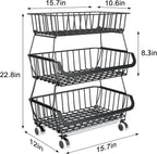 3-Tier Rolling Pantry Floor Organizer, Stackable Pantry Storage Cart with Wheels, Metal Wire Pantry Baskets, Kitchen Fruit Basket Stand, Vegetable Storage Rack for Fruits Snacks Onions Potatoes,1 Pack