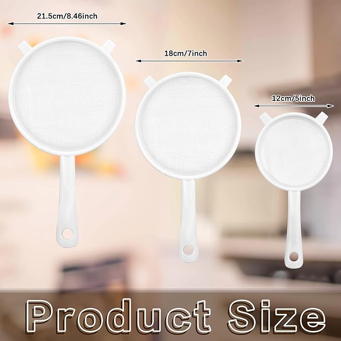 Skyley 3 Pcs Plastic Nylon Mesh Strainer Colander with Handle Double Ear Fine Food Mesh Strainer Flour Sifter for Baking Kitchen Colander Sifter Tea Juice Pasta (5 Inch, 7 Inch, 8.5 Inch)