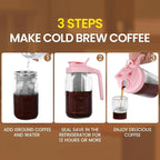 Cold Brew Coffee Maker,32 oz Mason Jar Pitcher with Stainless Steel Filter, Pour Spout Handle Lid, Heavy Duty Glass Airtight & Leak-Proof for Iced Coffee Tea Breastmilk Lemonade-Pink