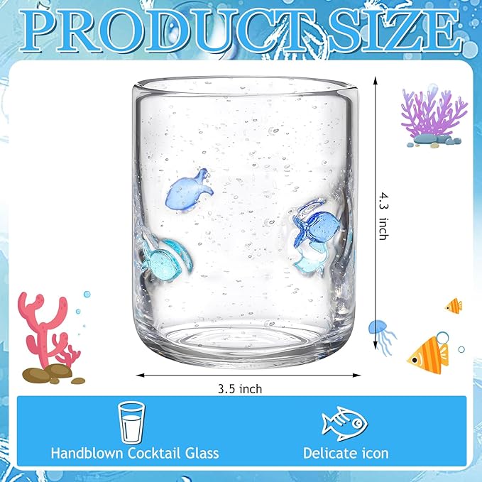 Vesici 4 Pcs Fish Icon Juice Glasses 14 oz Christian Drinking Glass Cups Hand Blown Fish Cocktail Wine Glassware Cup for Summer Party Supplies Holiday Gifts
