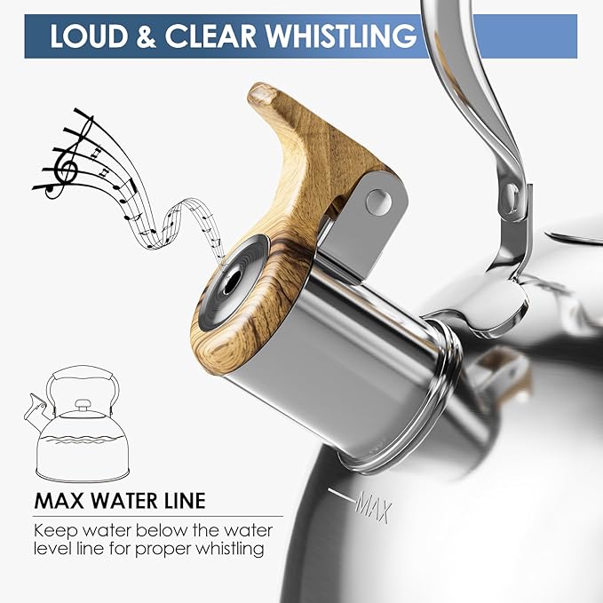 Whistling Tea Kettle for Stovetop, 2.6 Quart Food Grade Stainless Steel Tea Kettle with Wood Pattern Handle for Home Kitchen, Loud Whistle, Silver