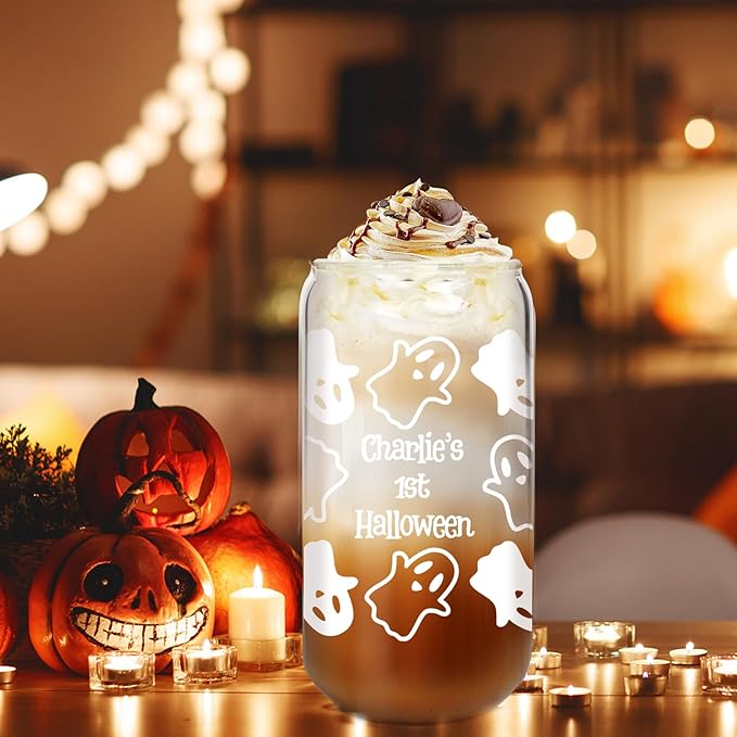 ANOTION Personalized Halloween Cups Glass-Boo Basket Stuffers- Ghost Decorations Glass Cups Tumbler 18OZ -Halloween Gifts for Friend Son Daughter