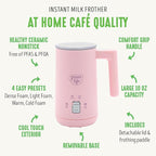 GreenLife Ceramic Electric Milk Frother, 10oz, 4-in-1, Auto Hot and Cold Foam, Dense and Light Foam, PFAS Free, Cordless Milk Warmer and Steamer for Latte, Coffee, Pink