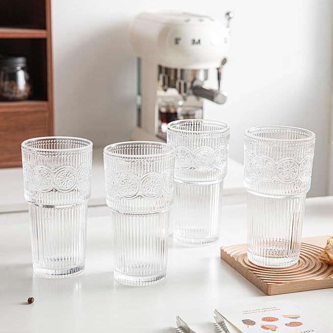 INSETLAN 20oz Ribbed & Floral Glasses Drinking Set of 6- Clear Glass Tumbler, Reusable Glass Cups for Iced Coffee, Water, Beer, Smoothies, Tea, and Juice – Perfect for Party and Daily Use