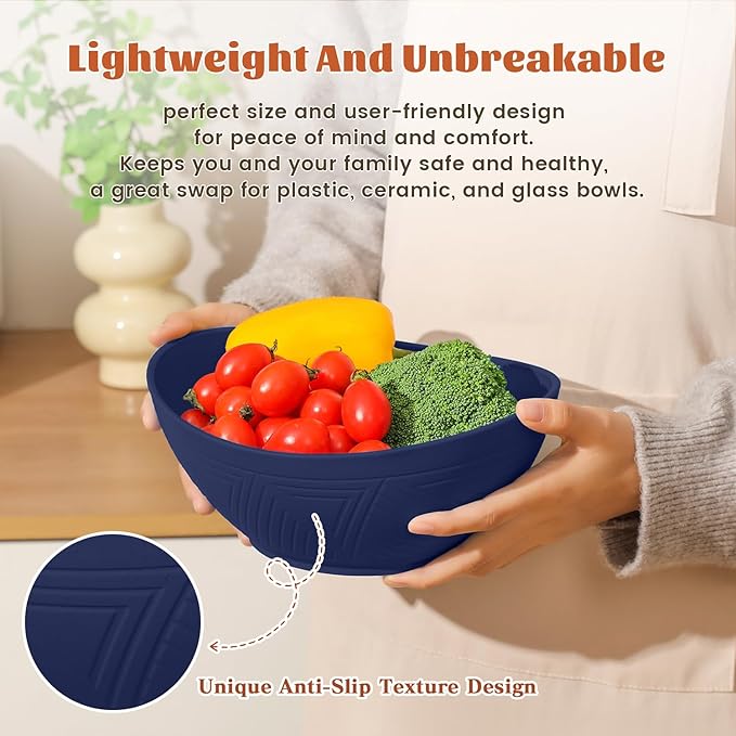 Homienly Wheat Straw Bowls, 9.6 inch Salad Bowls, Large Serving Dishes for Wedding Parties, Camping, 60 OZ Bowl Set for Salad, Popcorn, Oval Shape, Microwave & Dishwasher Safe, Set of 4, Dark Blue
