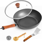 WANGYUANJI 11" Iron Skillet with Glass Lid & Griddle Spatula, Flat-Bottom Frying Pan, Uncoated & Unseasoned, Induction/Gas/Electric Compatible, Wooden Handle (Seasoning Required)