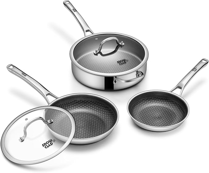 Frying Pans Nonstick Set with Lid,Hybrid Non Stick 5 Quart Saute pan,10 inch Skillet,8 inch Skillet PFOA Free Cookware,Stainless Steel skillet,Deep Braiser,Dishwasher Safe,Works on All Cooktops