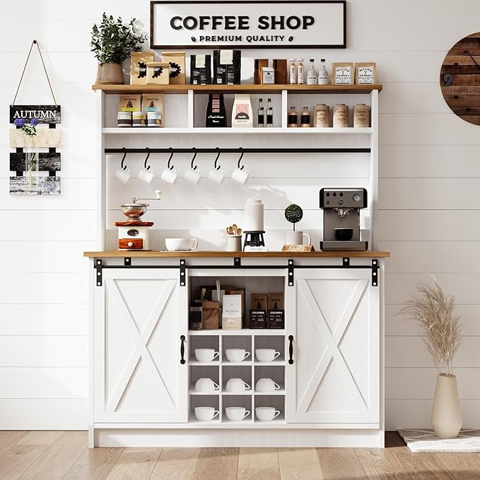 4ever2buy Farmhouse Coffee Bar Cabinet with Storage, 47”Coffee Bar with Sliding Barn Doors and 3 Storage Hutch, Hutch Cabin et with 6 Hooks & 9 Wine Racks for Dining Room, Kitchen, White